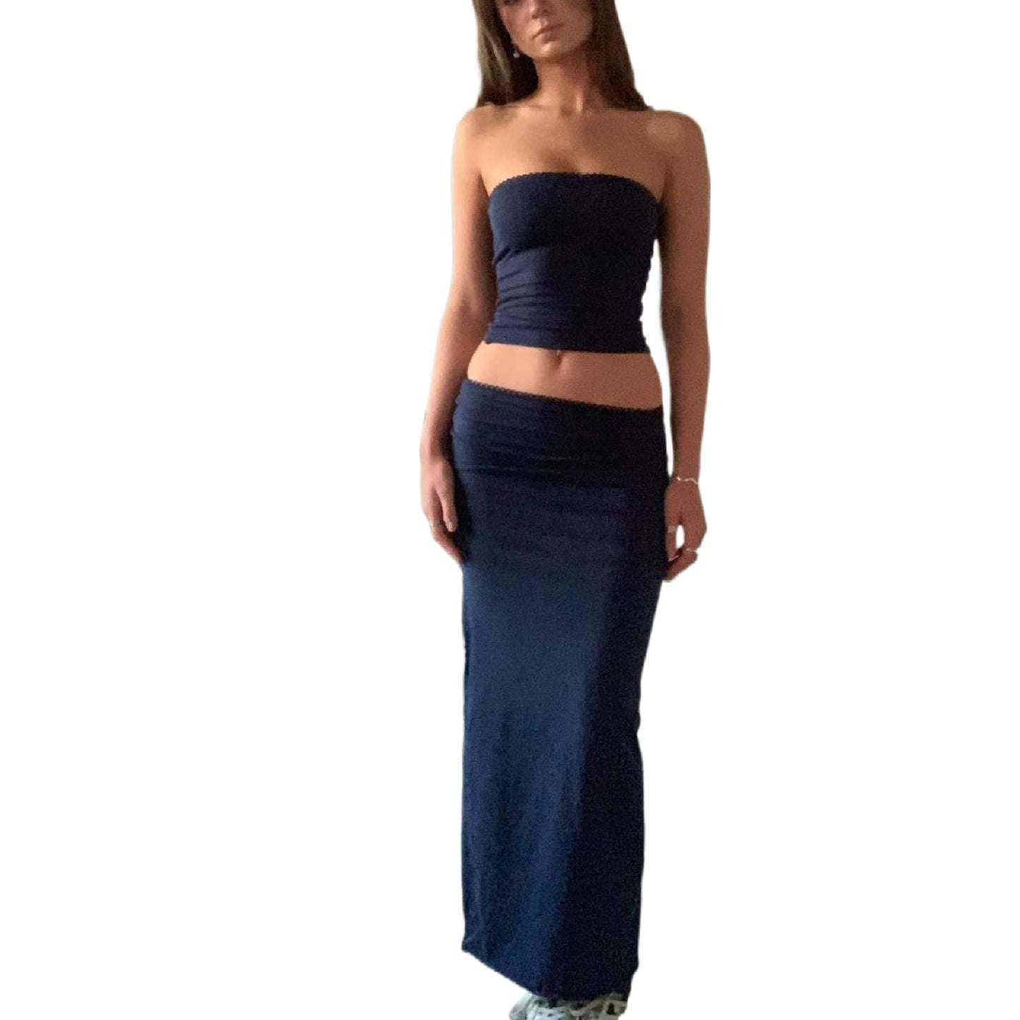 Women Y2K Skirt Set Outfits Strapless Crop Top Bodycon Midi Skirt Dress Sexy 2 Piece Knit Outfits Skirt Summer(J-BlackS)